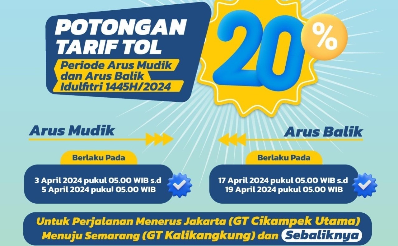Mudik Lebaran, Jasa Marga Beri Potongan 20 Persen Tarif Tol Jakarta-Semarang dan Sebaliknya