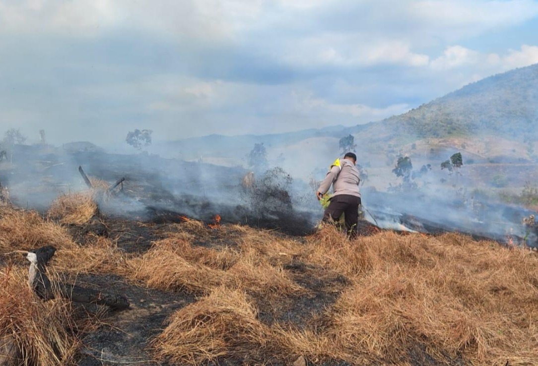 Kebakaran Lahan di Dompu NTB, Polisi dan Warga Berupaya Lakukan Pemadaman Api